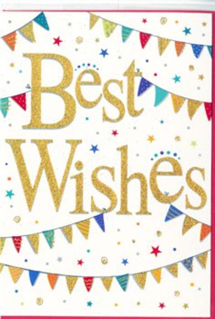 In this photograph, a beautifully designed congratulations card takes centre stage, radiating the same open, breezy spirit shared by the riverside walkways of Cubitt Town. The card itself is a clear, bright white, lending a sense of space and clarity to the composition. Across the centre, the phrase Best Wishes is presented in generous, cursive gold lettering, the strokes thick and fluid, with graceful loops that add elegance and warmth. The gold finish appears to be slightly embossed or foiled, giving the impression of a subtle, luxurious shimmer whenever the light catches it, like sunlight flashing over gentle river ripples. Curving above and below this message, strands of bunting sweep across the card in soft arcs, reminiscent of festive decorations hung between townhouses or along communal spaces on the Isle of Dogs. Each small triangle of bunting is painted in bright, inviting colours-crimson red, ocean blue, grassy green, lemon yellow, peach, and teal-with many of the flags bearing tiny patterns of polka dots, fine stripes, or repeating shapes that create visual interest. Between these colourful arcs, scattered stars and round confetti dots float freely in the white space, positioned in a way that looks spontaneous yet carefully spaced, like confetti caught mid-air at a celebration held near the river. The overall design is cheerful without being overwhelming, making the card suitable for a wide range of milestones, from promotions and exam successes to new ventures or retirements. Imagined alongside a fresh floral arrangement delivered in Cubitt Town, this card's golden script and rainbow bunting add an extra layer of joy, turning a simple greeting into a keepsake that feels bright, encouraging, and genuinely heartfelt.