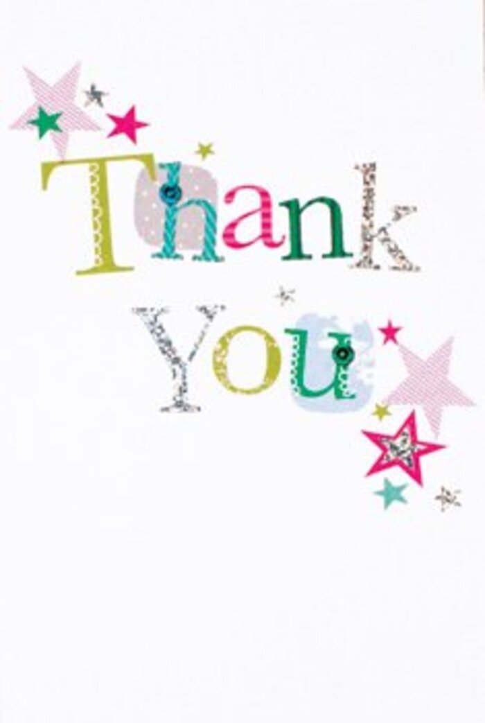 The thoughtful composition of letters on this thank you card brings a quiet exuberance, artfully capturing the welcoming mood that defines Cubitt Town. Each character has its own unique flair-some playful with lively spots and curving forms, others shaped with a refined, almost melodic line. Clusters of stars in sparkling pink, shimmering turquoise, and cool silver seem to dance around the words, infusing a celebratory aura reminiscent of festive evenings along the Thames Path. The layout feels modern and airy, with sprinkles of stardust animating the pristine white surface. There's a gentle sophistication-a careful balance between light-heartedness and grace, making the card universally appealing. Tucked beside a bright bouquet crafted by Cubitt Town Flowers, it would serve as a beautiful gesture of gratitude-a message as memorable and sincere as the friendly greetings exchanged at local markets or while strolling through Sir John McDougall Gardens.