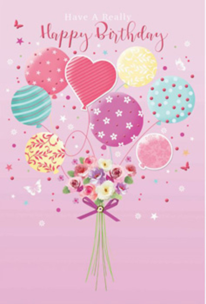 Gentle, celebratory birthday card artwork showing pastel balloons lifting a petite bouquet, echoing the peaceful, open skies over Cubitt Town. The background is a soft, rosy pink that feels both warm and calm, like evening light reflecting off the Thames around the Isle of Dogs. At the bottom of the composition sits a small hand-tied bouquet: petite roses and daisy-like blooms nestled together, their petals blending from cream to blush, rose, and muted mauve. Each flower head looks full and velvety, as though carefully chosen and arranged just before local delivery. Around the stems, a narrow purple ribbon is tied into a sparkling bow, its gentle shimmer echoing distant city lights near Canary Wharf. Rising from this floral base is a lively spray of balloons that appear to carry the bouquet upwards. The balloons come in pastel tones-pale sunshine yellow, soft lavender, rose pinks, and cool sea greens-and each one is decorated with its own charming pattern. Some wear candy-striped ribbons that seem to twist as they rise, others carry scattered polka dots, while a few show swirling designs and tiny floral suggestions. Near the centre floats a prominent heart-shaped balloon, radiating warmth and affection. Imagined sunlight bathes the scene, adding shine to the balloons and a subtle glow to the flowers, as if a bright Docklands morning has been captured on paper. Around the edges, small butterflies and star-like shapes drift in lazy arcs, hinting at movement and joy. The overall mood is one of gentle jubilation, like planning a birthday surprise in a Cubitt Town apartment overlooking the water, complete with a thoughtful bouquet from a trusted local florist.