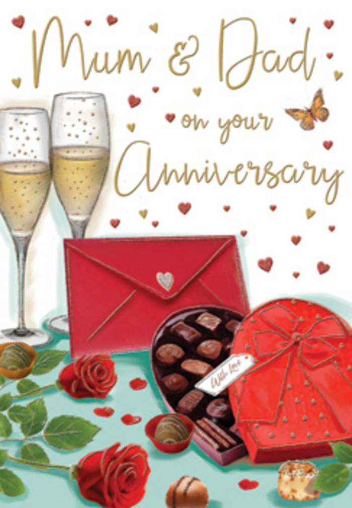 Detailed anniversary card artwork presenting a sumptuous celebration tableau that could easily belong to a thoughtfully prepared dinner in Cubitt Town, just moments from the riverside walk. The focal point of the design is a heart-shaped chocolate box, rendered in a saturated red that contrasts beautifully with the soft background. Its lid, edged with a refined curve, is open to display perfectly arranged chocolates, each piece smooth, rounded, and gently highlighted to suggest a rich, creamy interior. Draped across the lid is an indulgent red satin bow, its loops and tails cascading with a slight twist, giving a sense of movement and texture. Behind the chocolates, two flame-like champagne flutes rise gracefully, filled with pale golden fizz that throws tiny, luminous reflections, as if catching the last light of day on the Thames. The glasses stand close together, symbolising unity and shared moments. To one side, two full-headed red roses lie atop a scattering of fresh green leaves, their petals layered and velvety, like blooms carefully selected by an experienced florist at Cubitt Town Flowers for a milestone celebration. A few stray chocolates rest nearby, hinting at a moment of indulgence already underway. Throughout the composition, delicate hearts in vibrant crimson and soft metallic gold drift and cluster, framing the affectionate, hand-lettered greeting for 'Mum & Dad'. At the foreground, a classic, deep red envelope sits invitingly, sealed and slightly skewed for a natural, lived-in feel, as though it has just been placed down after being written. The warm palette of reds, greens, creams, and golds, combined with gentle highlights on glass, foil, and petals, creates an atmosphere of affection, gratitude, and enduring family love.