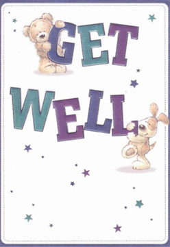 A wave of comfort and light radiates from this get well card, echoing the gentle community spirit found along the streets of Cubitt Town. The scene captures a cuddly teddy bear reaching up to embrace the word 'GET,' while a lively puppy nuzzles the bold 'WELL' below. Soft curves and joyful expressions express affection and optimism-a familiar feeling for those who frequent the welcoming stalls at Chrisp Street Market. The text, shaded in deep purples and teal, gives the image a vibrant pulse that contrasts against the crisp, fresh white background, much like the bright blossoms displayed in Cubitt Town Flowers' window. Floating stars in cool blues and violets sprinkle the card with a sense of wonder and possibility, reminiscent of the optimistic wishes shared among neighbours near Millwall Park. This thoughtfully illustrated card mirrors the same attentive care shown in a handcrafted Cubitt Town bouquet, each uplifting detail designed to encourage and soothe someone's day.