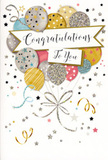 The picture presents a beautifully crafted congratulations card whose design captures the spirit of a joyful gathering in Cubitt Town. At the centre, a generous cluster of illustrated balloons rises upward in a loose bouquet, layered so that some sit partially behind others, creating depth and a gentle sense of motion. The colour palette is softly festive: muted metallic gold and silver mingle with champagne beige, soft blue, rosy pink, and subtle grey. Each balloon features a distinct decoration-delicate glittery stripes, tiny stars twinkling across the surface, or scattered confetti dots-giving the impression of gentle sparkle similar to city lights reflecting on the Thames at night. From the lower point where the balloons meet, slim ribbons stream down in curling lines of gold and silver, looping and twisting in a relaxed, elegant tangle that recalls the trailing ribbons we tie around congratulatory bouquets for local deliveries. A graceful banner stretches across the middle of the balloons, its ends slightly curling as though fluttering, holding the message Congratulations To You in flowing, hand-lettered script that adds a touch of formality and warmth. The background remains a calm, creamy white, but it is animated with scattered tiny stars, swirling streamer motifs, and miniature flecks of metallic colour that drift around the cluster, as if capturing the lively but intimate ambience of a celebration in a Docklands apartment near the river. The overall impression is one of light, sophisticated happiness-perfect to accompany fresh flowers when celebrating exam success, a new role at nearby Canary Wharf, or any personal victory that calls for both style and sincere congratulations.