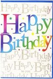 In this scene, a joyful birthday card is shown with a design that radiates colour and warmth, much like a bright afternoon looking out over the Docklands from Cubitt Town. The central focus is the phrase Happy Birthday, spelled out in large, gently curved letters that carry a luminous rainbow gradient. Each letter transitions smoothly through a series of shades-starting with deep cherry red and sunset orange, gliding into sunshine yellow, crisp spring green, cool turquoise, and rich cobalt blue, finishing with soft lavender and violet. The colours blend with a soft, misty quality that suggests airbrushed ink or pastel work, making the words feel almost cloud-like and buoyant. Behind this headline, the background is a creamy off-white canvas, covered in a repeating pattern of slim, gold cursive writing that quietly echoes the words Happy Birthday to you. The flowing script appears slightly metallic, catching the light like reflections on the Thames near Cubitt Town's riverside paths, adding a refined sparkle that contrasts gently with the bold rainbow letters. Small, scattered dots, hints of glitter, and tiny star motifs are spread lightly around the design, lending an impression of confetti and festive sparkle without overwhelming the composition. The card's surface appears smooth and well-finished, suggesting quality cardstock chosen with care. Together, the exuberant colours, delicate gold script, and subtle shimmer create a card that feels both fun and thoughtful-something you could easily imagine propped beside a vase of freshly delivered flowers in an E14 home, turning an everyday space into a corner of celebration.