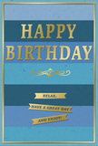 This birthday card captures a feeling of calm festivity, the sort of quiet joy you might associate with a relaxed evening by the Thames in Cubitt Town. Its main visual feature is a series of broad horizontal stripes, each one a different shade of blue, extending evenly across the card from edge to edge. The colours shift gradually from deep navy through softer marine tones into light sky blue, creating a smooth ombre effect that draws the eye upward. Centered among these bands, the phrase HAPPY BIRTHDAY is rendered in large, embossed gold lettering, each capital letter standing proud with a soft metallic gleam. The gold reflects light gently, offering a polished highlight against the tranquil blue background without overwhelming it. Just below the greeting, a flowing gold flourish curves across the width, providing a subtle decorative line that separates the headline from the words beneath. Under this flourish, three slender gold banners are stacked neatly one above another, like small golden ribbons laid carefully in order. Each banner contains part of the friendly message: Relax, have a great day and enjoy! together forming a gentle invitation to savour the birthday. A fine gold border traces the perimeter of the card, framing the design with a slim, elegant line. The surface appears smooth with a matte finish, contrasting with the slightly raised, glossy gold elements for a pleasing tactile balance. It is easy to imagine this stylish card standing alongside a bouquet from a nearby Cubitt Town florist on a windowsill overlooking the water or near the greenery of Island Gardens, bringing a composed, heartfelt note to someone's special day.