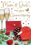 Anniversary card illustration capturing an intimate, celebratory mood, as if someone in Cubitt Town has set out a special surprise before an evening toast at home. The scene is built around familiar symbols of romance, arranged with elegance and warmth. Two tall champagne flutes rise at the back, their slim stems and rounded tops catching the light. They are filled with golden champagne, tiny bubbles suspended mid-rise, suggesting the conversation and laughter that surround a shared toast. In the foreground, an open heart-shaped chocolate box in deep red invites attention, its satin bow sweeping dramatically over the lid. Inside, chocolates nestle in orderly rows, each truffle depicted with lustrous highlights that hint at smooth, indulgent fillings. To the left, a pair of classic red roses relax on the tabletop, cradled by lush green leaves. The roses are drawn with layered, velvety petals that evoke the look and feel of fresh flowers delivered from a local Cubitt Town florist, ready for an anniversary surprise. A few chocolates have rolled gently out of the box, resting near the roses and softening the composition. Scattered around, tiny golden and crimson hearts drift through the air and settle near a flowing, hand-lettered message dedicated to 'Mum & Dad', underscoring the family-focused nature of the celebration. At the very front, a vivid red envelope lies, sealed and waiting to be opened, suggesting heartfelt words stored inside. Soft, ambient lighting washes over glass, ribbon, and petals, wrapping the entire illustration in a cosy, romantic glow, perfect for marking years of shared memories and steady, enduring love.